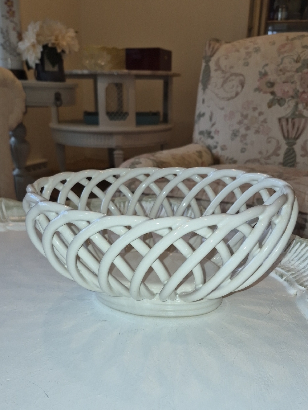 Vintage White Ceramic Open Weave Decorative Bowl